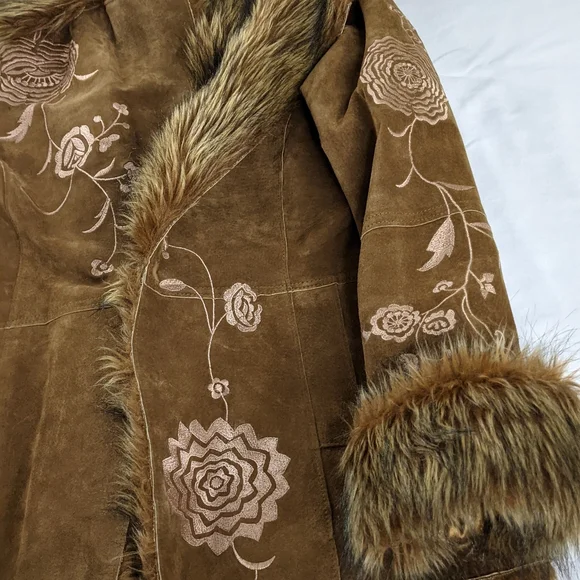 ✌️Penny Lane Brown Faux Fur Trimmed Women's Suede Leather Jacket 🎸 - Picture 14 of 15